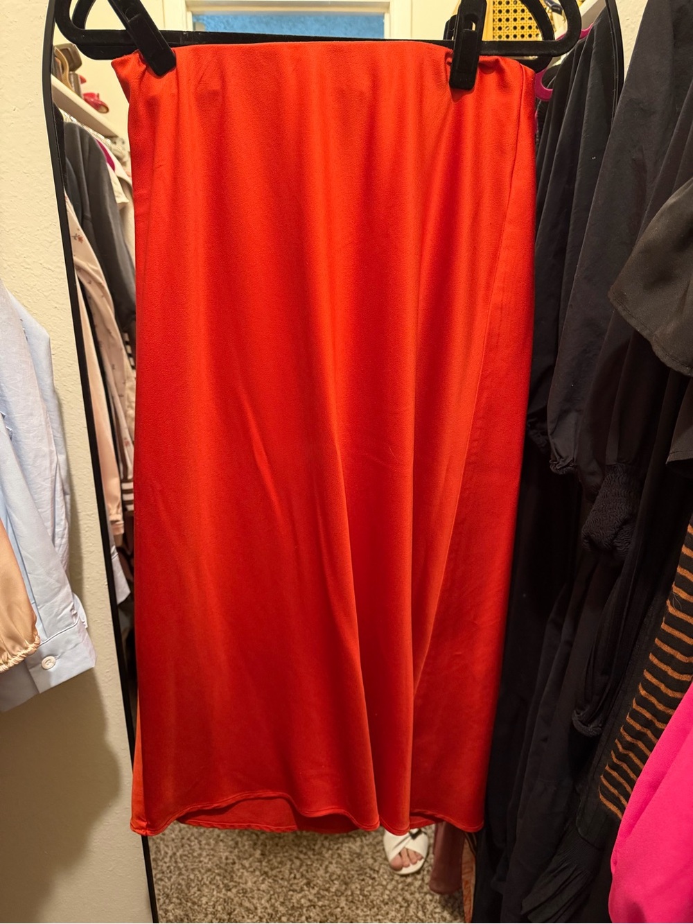 a new day Red Satin Midi Skirt